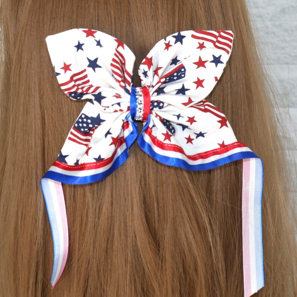 HAND CRAFTED Bow Stars Flag Hair Butterfly Patriotic Oversized Ribbon Kids White